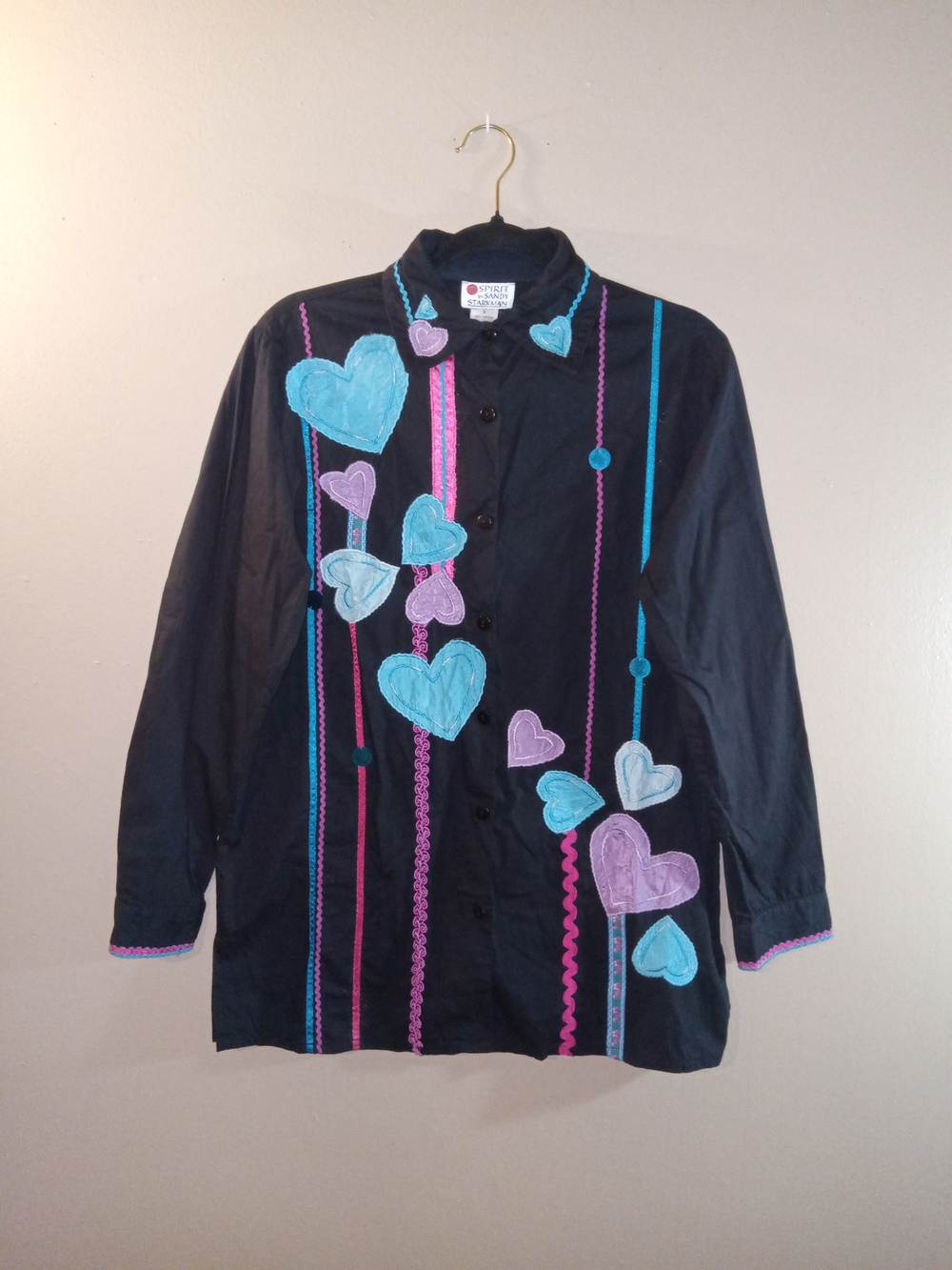 Black Button-Down Shirt with Blue & Purple Heart Appliqué
